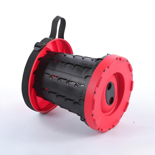 Scaun Telescopic Pliabil pentru Camping si Pescuit, Portabil, Universal, Sustine 150 kg, ABS, Diametru 25 cm, Extensibil, Inaltime 45 cm, Rosu-Negru