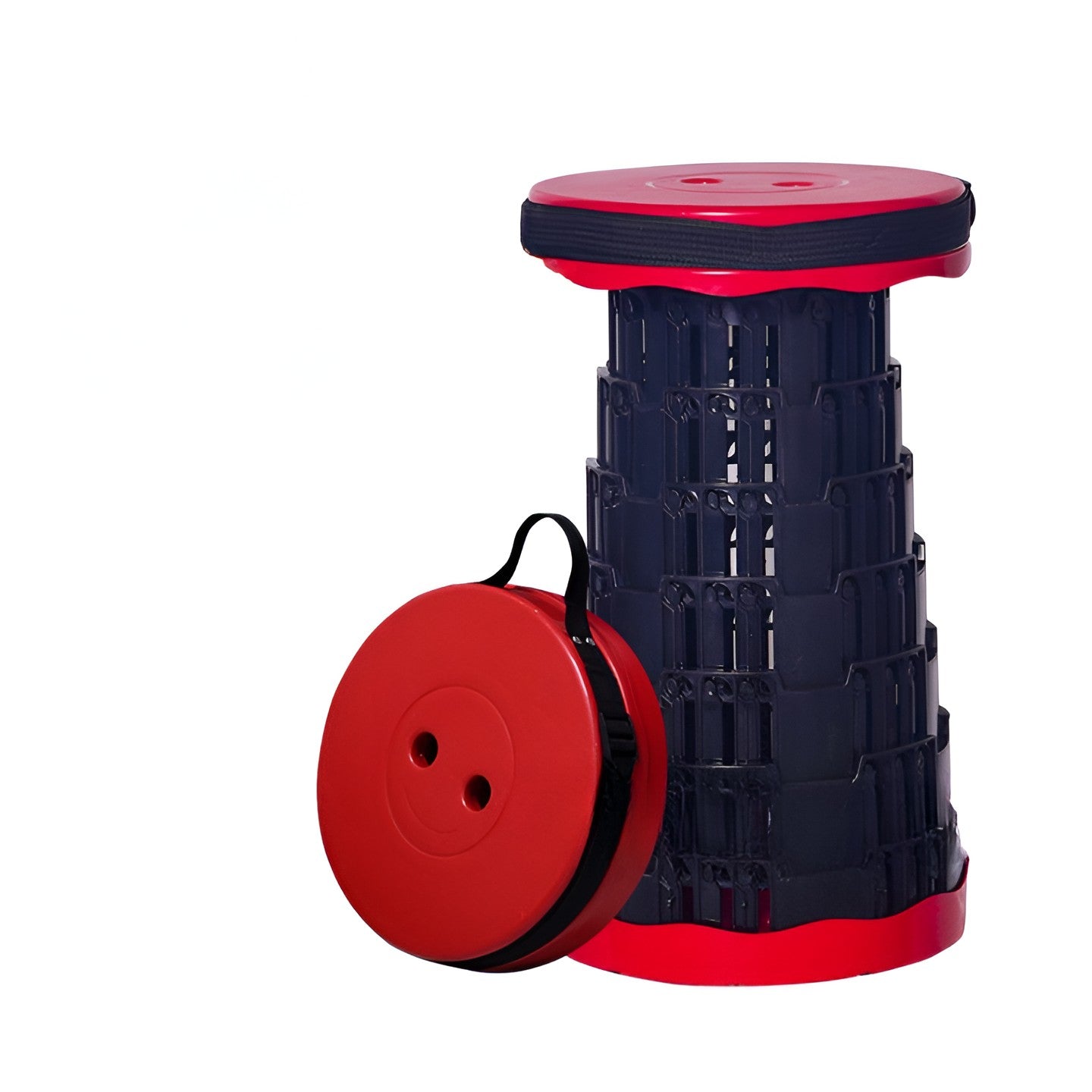 Scaun Telescopic Pliabil pentru Camping si Pescuit, Portabil, Universal, Sustine 150 kg, ABS, Diametru 25 cm, Extensibil, Inaltime 45 cm, Rosu-Negru