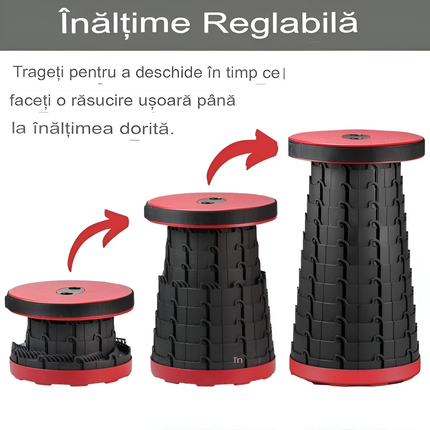 Scaun Telescopic Pliabil pentru Camping si Pescuit, Portabil, Universal, Sustine 150 kg, ABS, Diametru 25 cm, Extensibil, Inaltime 45 cm, Rosu-Negru