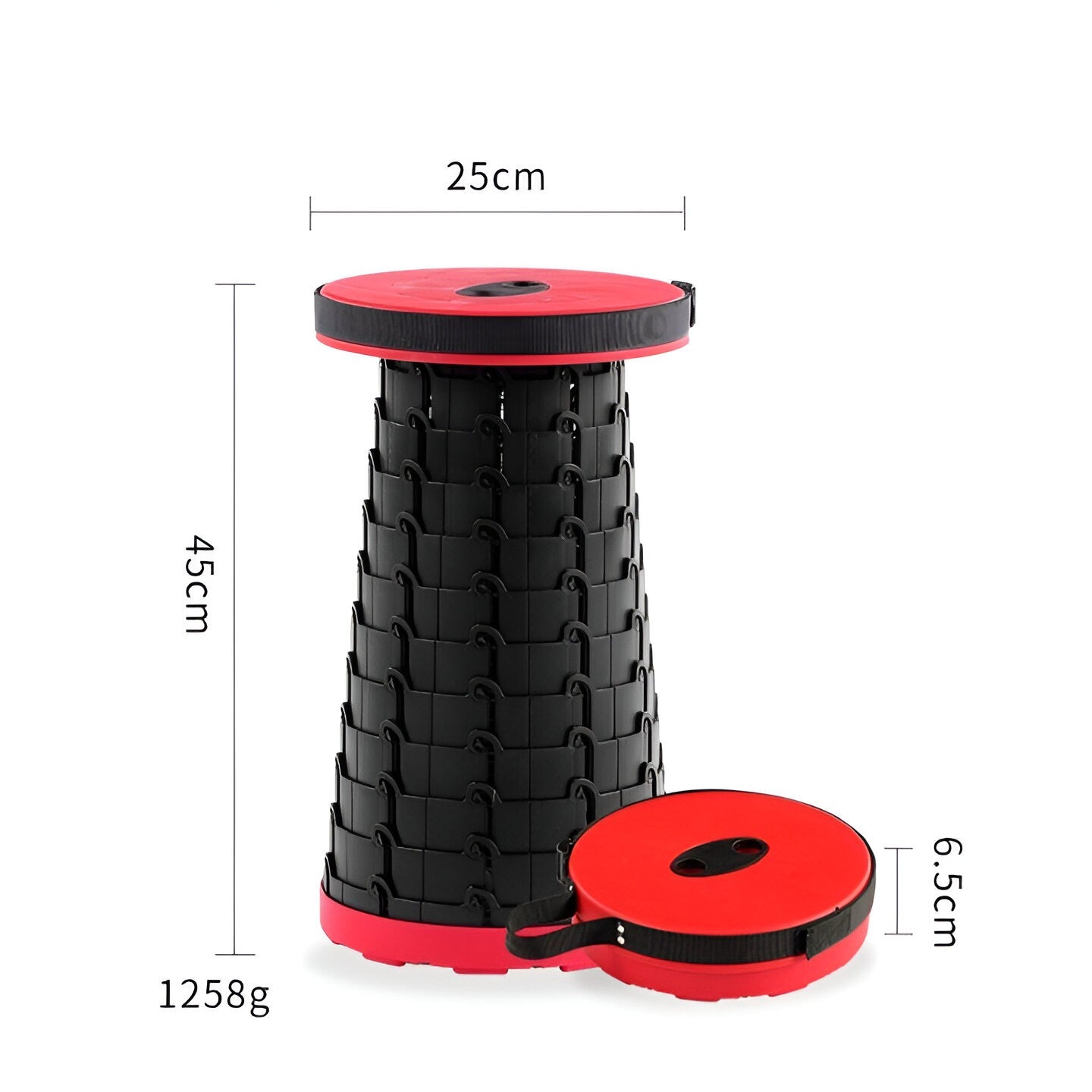 Scaun Telescopic Pliabil pentru Camping si Pescuit, Portabil, Universal, Sustine 150 kg, ABS, Diametru 25 cm, Extensibil, Inaltime 45 cm, Rosu-Negru