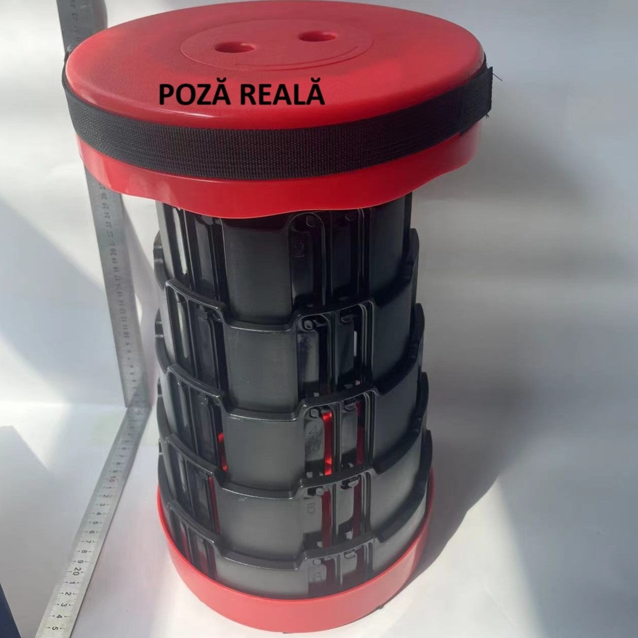 Scaun Telescopic Pliabil pentru Camping si Pescuit, Portabil, Universal, Sustine 150 kg, ABS, Diametru 25 cm, Extensibil, Inaltime 45 cm, Rosu-Negru