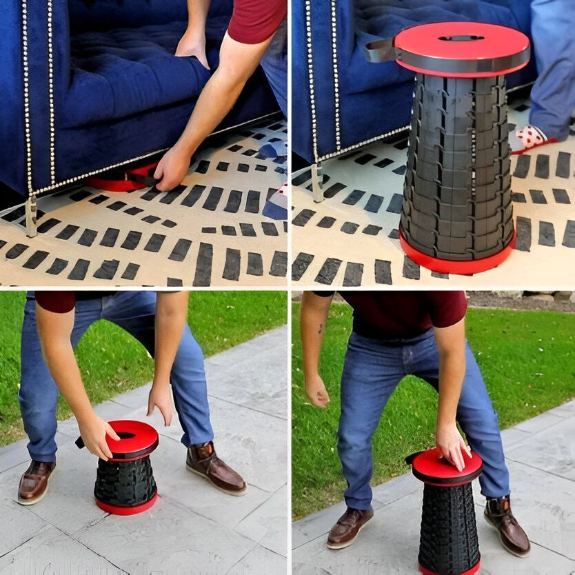 Scaun Telescopic Pliabil pentru Camping si Pescuit, Portabil, Universal, Sustine 150 kg, ABS, Diametru 25 cm, Extensibil, Inaltime 45 cm, Rosu-Negru