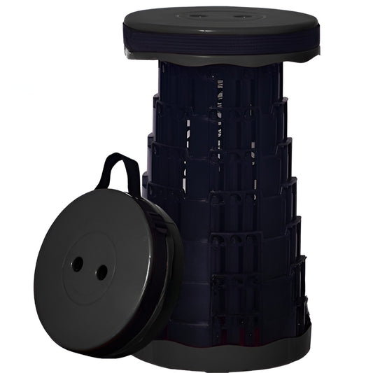 Scaun Telescopic Pliabil pentru Camping si Pescuit, Portabil, Universal, Sustine 150 kg, ABS, Diametru 25 cm, Extensibil, Inaltime 45 cm, Negru