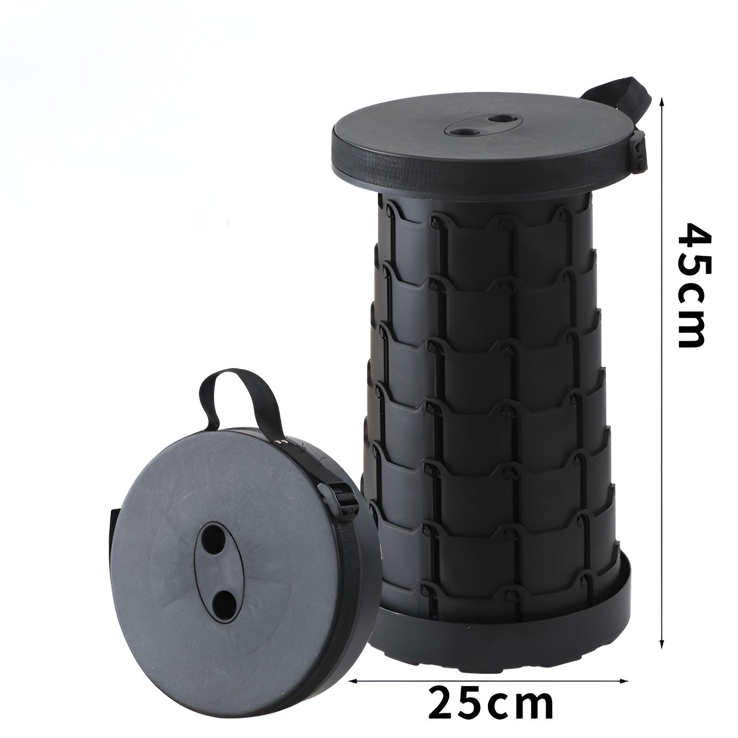 Scaun Telescopic Pliabil pentru Camping si Pescuit, Portabil, Universal, Sustine 150 kg, ABS, Diametru 25 cm, Extensibil, Inaltime 45 cm, Negru