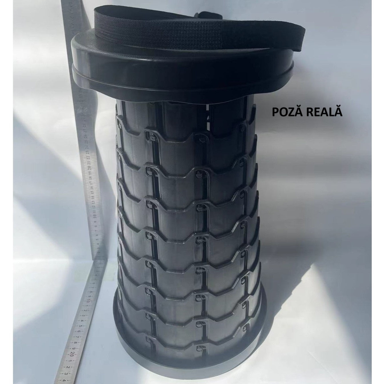 Scaun Telescopic Pliabil pentru Camping si Pescuit, Portabil, Universal, Sustine 150 kg, ABS, Diametru 25 cm, Extensibil, Inaltime 45 cm, Negru