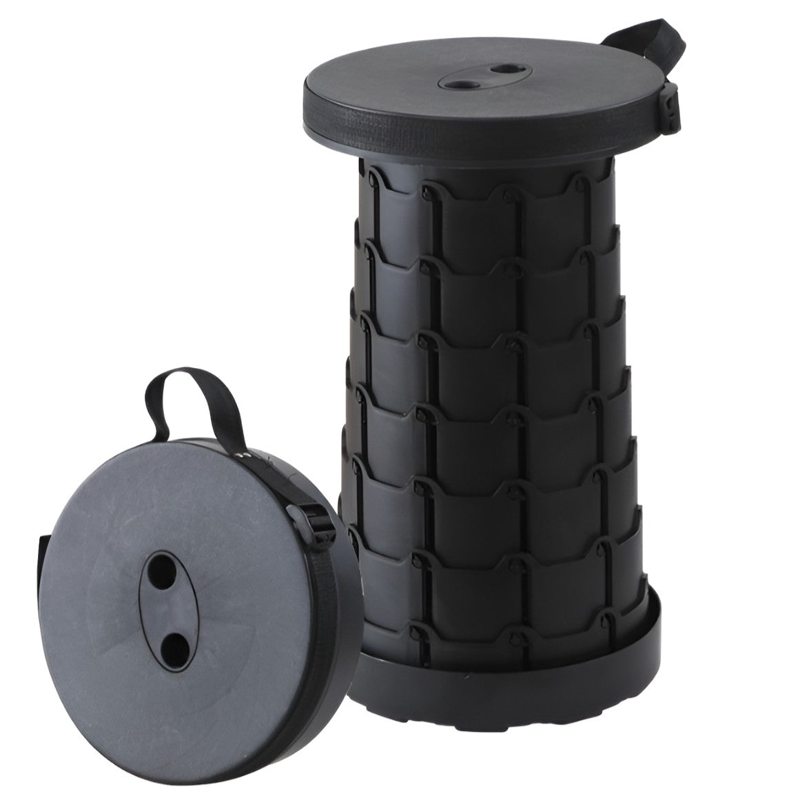Scaun Telescopic Pliabil pentru Camping si Pescuit, Portabil, Universal, Sustine 150 kg, ABS, Diametru 25 cm, Extensibil, Inaltime 45 cm, Negru