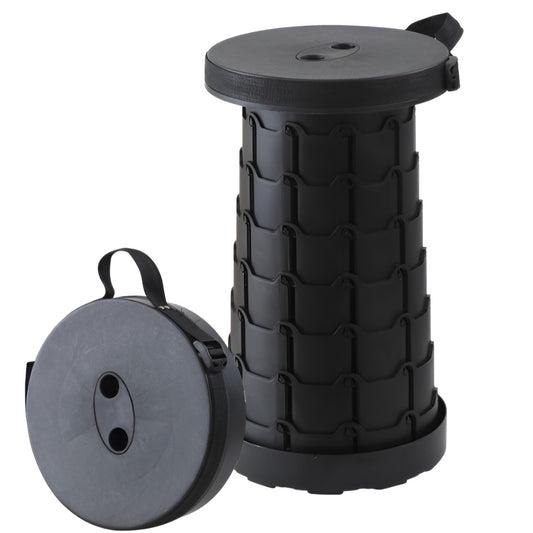 Scaun Telescopic Pliabil pentru Camping si Pescuit, Portabil, Universal, Sustine 150 kg, ABS, Diametru 25 cm, Extensibil, Inaltime 45 cm, Negru