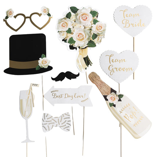 Set 10 Accesorii pentru Petrecere, Props pentru Coltul de Poze, Model Mire si Mireasa, Tematica Nunta, Multicolor