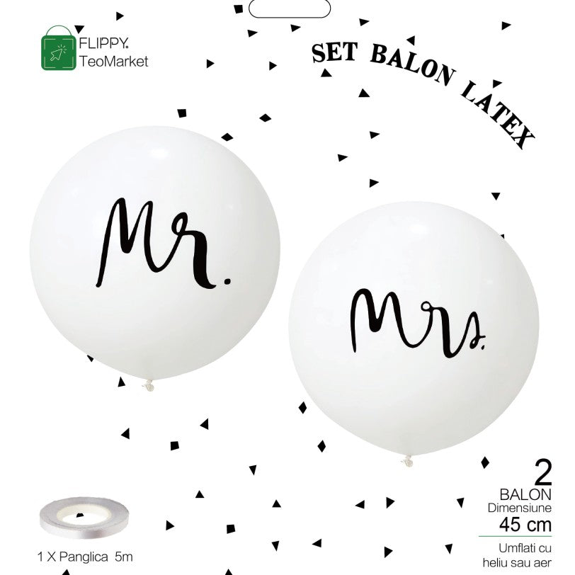 Set 2 Baloane din Latex, Tip Jumbo, Model Mr si Mrs, Tema Nunta, 45 cm, Alb