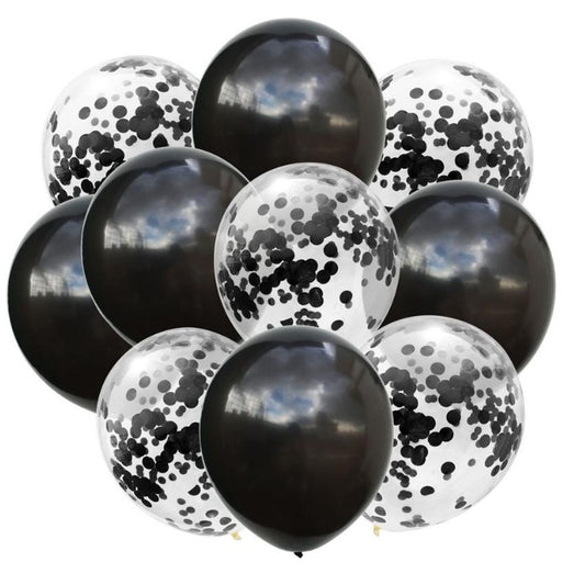 Set 10 Baloane din Latex, Model Party Confetti, 5 x Confetti, 5 x Negru, 25 cm, 2.2g