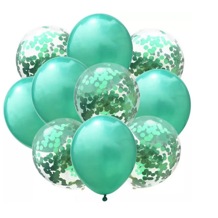 Set 10 Baloane din Latex, Model Party Confetti, 5 x Confetti, 5 x Turcoaz, 25 cm, 2.2g
