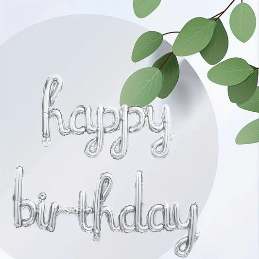 Set 10 Baloane din Folie Metalizata, Figurine Litere, Model Scris de Mana Happy Birthday, Tema Aniversare, 40 cm, Ambalaj Individual, Pai Inclus, Umflare cu Aer sau Heliu, Argintiu