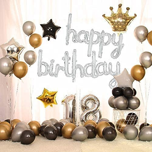 Set 10 Baloane din Folie Metalizata, Figurine Litere, Model Scris de Mana Happy Birthday, Tema Aniversare, 40 cm, Ambalaj Individual, Pai Inclus, Umflare cu Aer sau Heliu, Argintiu