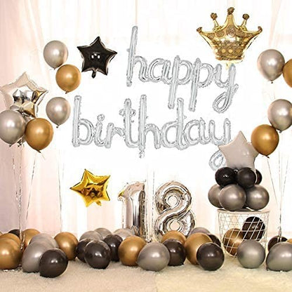 Set 10 Baloane din Folie Metalizata, Figurine Litere, Model Scris de Mana Happy Birthday, Tema Aniversare, 40 cm, Ambalaj Individual, Pai Inclus, Umflare cu Aer sau Heliu, Argintiu