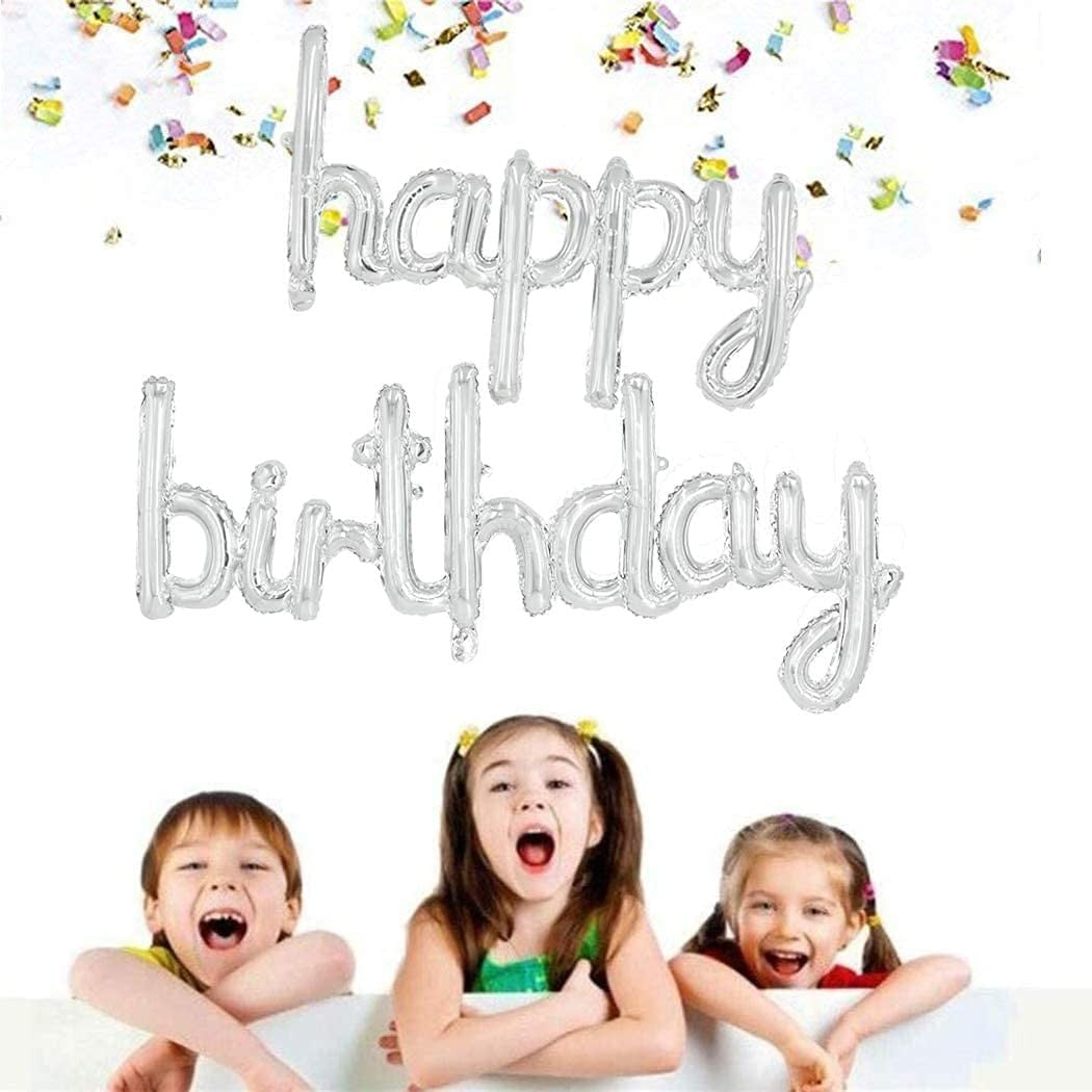Set 10 Baloane din Folie Metalizata, Figurine Litere, Model Scris de Mana Happy Birthday, Tema Aniversare, 40 cm, Ambalaj Individual, Pai Inclus, Umflare cu Aer sau Heliu, Argintiu