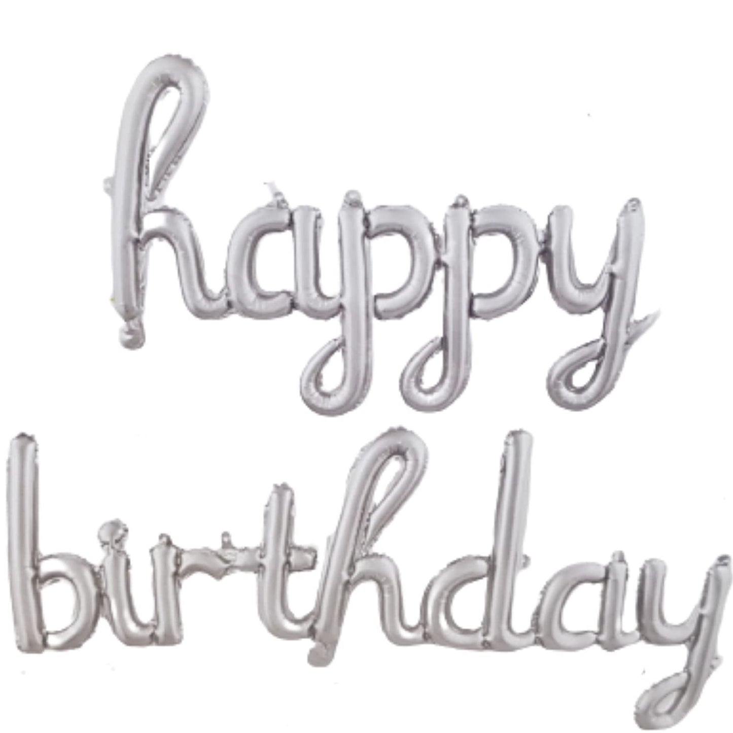 Set 10 Baloane din Folie Metalizata, Figurine Litere, Model Scris de Mana Happy Birthday, Tema Aniversare, 40 cm, Ambalaj Individual, Pai Inclus, Umflare cu Aer sau Heliu, Argintiu