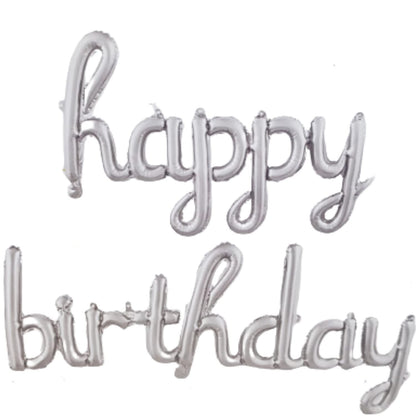 Set 10 Baloane din Folie Metalizata, Figurine Litere, Model Scris de Mana Happy Birthday, Tema Aniversare, 40 cm, Ambalaj Individual, Pai Inclus, Umflare cu Aer sau Heliu, Argintiu