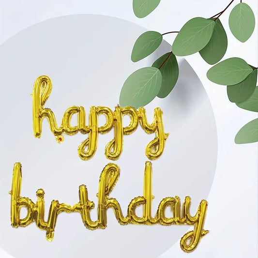 Set 10 Baloane din Folie Metalizata, Figurine Litere, Model Scris de Mana Happy Birthday, Tema Aniversare, 40 cm, Ambalaj Individual, Pai Inclus, Umflare cu Aer sau Heliu, Auriu