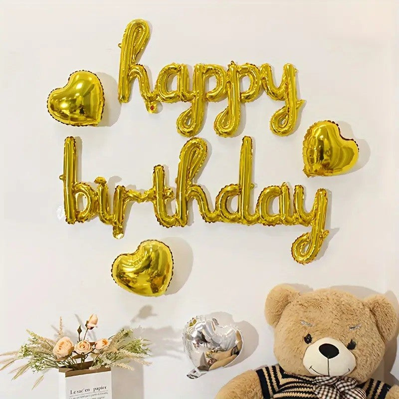 Set 10 Baloane din Folie Metalizata, Figurine Litere, Model Scris de Mana Happy Birthday, Tema Aniversare, 40 cm, Ambalaj Individual, Pai Inclus, Umflare cu Aer sau Heliu, Auriu