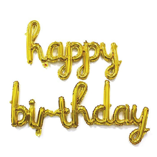 Set 10 Baloane din Folie Metalizata, Figurine Litere, Model Scris de Mana Happy Birthday, Tema Aniversare, 40 cm, Ambalaj Individual, Pai Inclus, Umflare cu Aer sau Heliu, Auriu