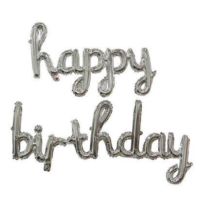 Set 10 Baloane din Folie Metalizata, Figurine Litere, Model Scris de Mana Happy Birthday, Tema Aniversare, 40 cm, Ambalaj Individual, Pai Inclus, Umflare cu Aer sau Heliu, Argintiu