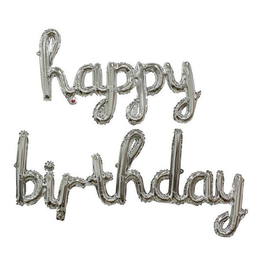Set 10 Baloane din Folie Metalizata, Figurine Litere, Model Scris de Mana Happy Birthday, Tema Aniversare, 40 cm, Ambalaj Individual, Pai Inclus, Umflare cu Aer sau Heliu, Argintiu