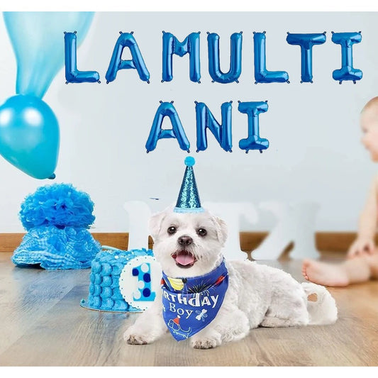 Set 10 Baloane din Folie Metalizata, Figurine Litere, Model La multi ani, Tema Aniversare, 40 cm, Ambalaj Individual, Pai Inclus,  Umflare cu Aer sau Heliu, Albastru