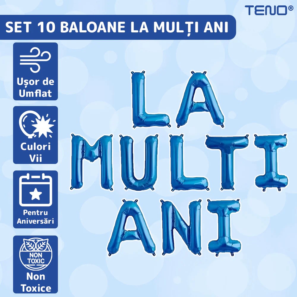 Set 10 Baloane din Folie Metalizata, Figurine Litere, Model La multi ani, Tema Aniversare, 40 cm, Ambalaj Individual, Pai Inclus,  Umflare cu Aer sau Heliu, Albastru