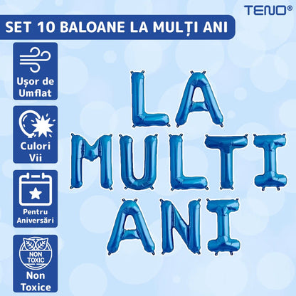Set 10 Baloane din Folie Metalizata, Figurine Litere, Model La multi ani, Tema Aniversare, 40 cm, Ambalaj Individual, Pai Inclus,  Umflare cu Aer sau Heliu, Albastru