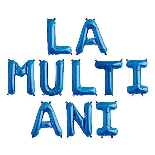 Set 10 Baloane din Folie Metalizata, Figurine Litere, Model La multi ani, Tema Aniversare, 40 cm, Ambalaj Individual, Pai Inclus,  Umflare cu Aer sau Heliu, Albastru