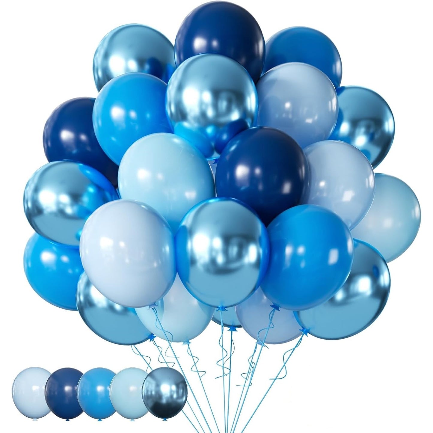 Set 10 Baloane din Latex Chrome, Model Party, 23 cm, Diferite Nuante Albastru, 2.2 g