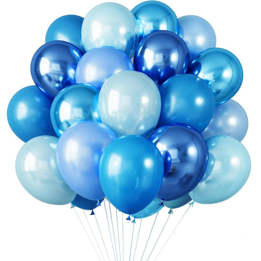 Set 10 Baloane din Latex Chrome, Model Party, 23 cm, Diferite Nuante Albastru, 2.2 g