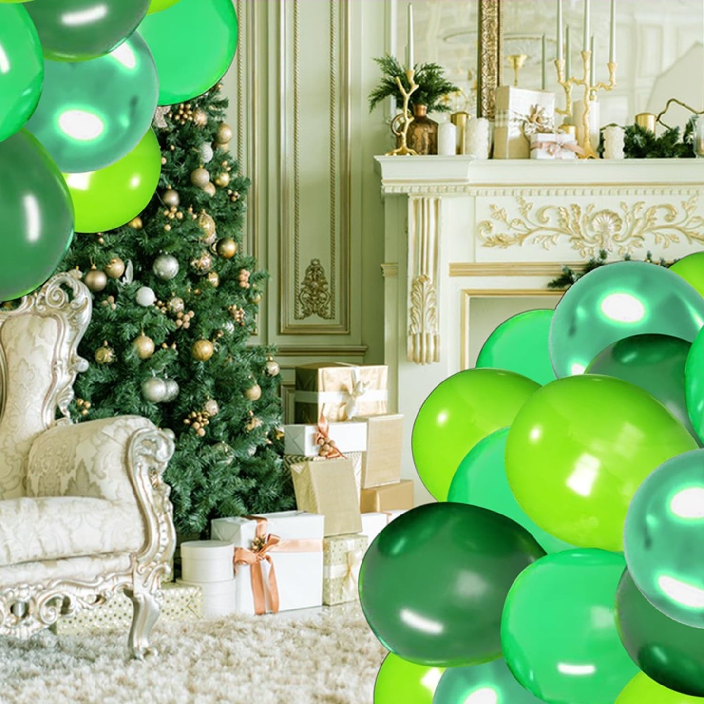 Set 10 Baloane din Latex Chrome, Model Party, 23 cm, Diferite Nuante Verde, 2.2 g