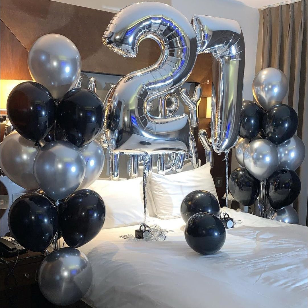 Set 10 Baloane din Latex Chrome, Model Party, 23 cm, Negru Argintiu, 2.2 g