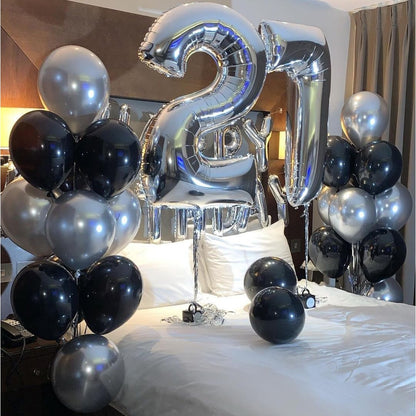 Set 10 Baloane din Latex Chrome, Model Party, 23 cm, Negru Argintiu, 2.2 g