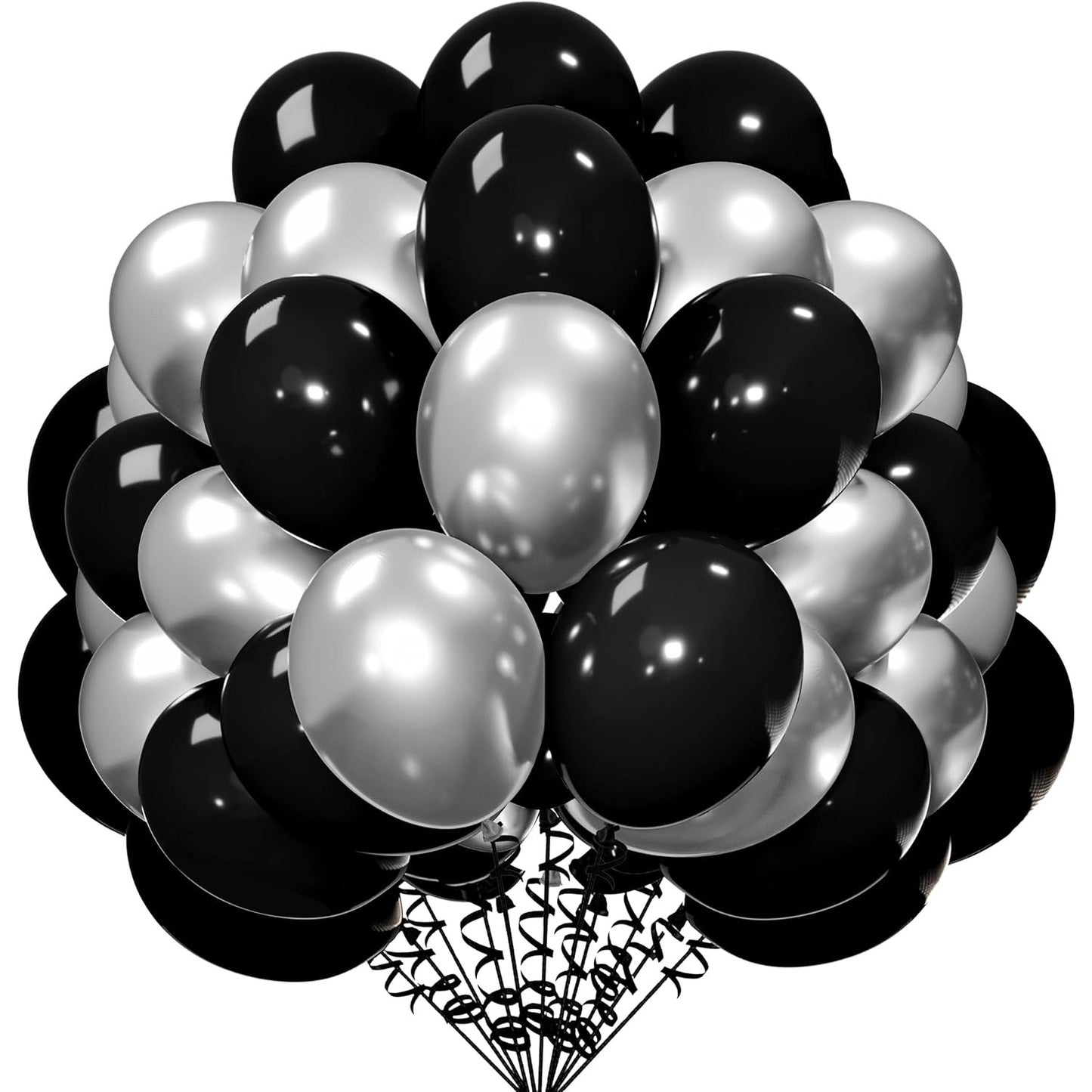 Set 10 Baloane din Latex Chrome, Model Party, 23 cm, Negru Argintiu, 2.2 g