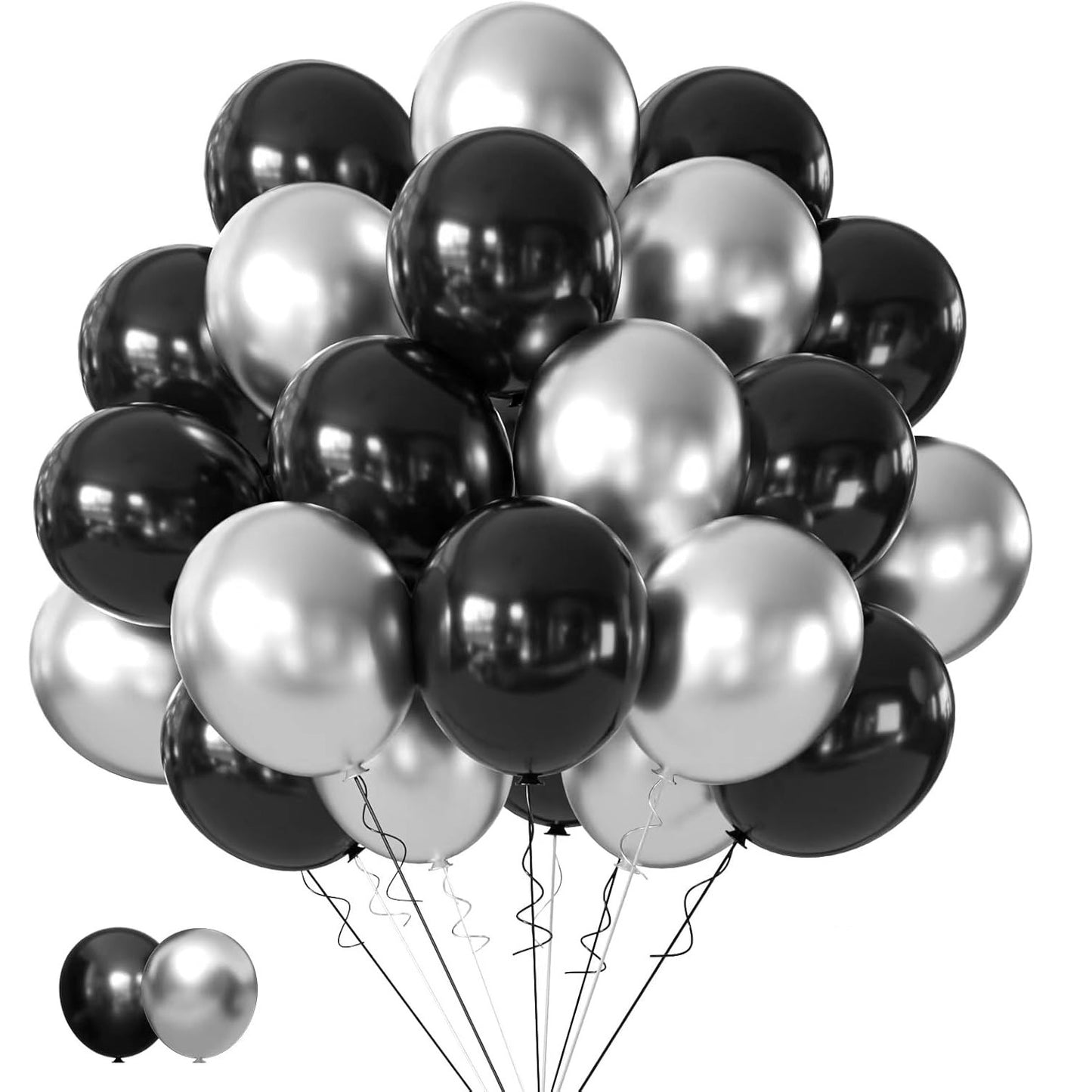 Set 10 Baloane din Latex Chrome, Model Party, 23 cm, Negru Argintiu, 2.2 g