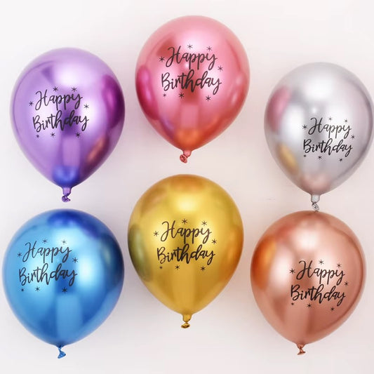 Baloane din Latex Metal Cromat, set din 10 Baloane, Cu Decoratiuni Printate HAPPY BIRTHDAY, Pentru Petrecere Auriu Argintiu Albastru Rosu Mov, Set Multicolor