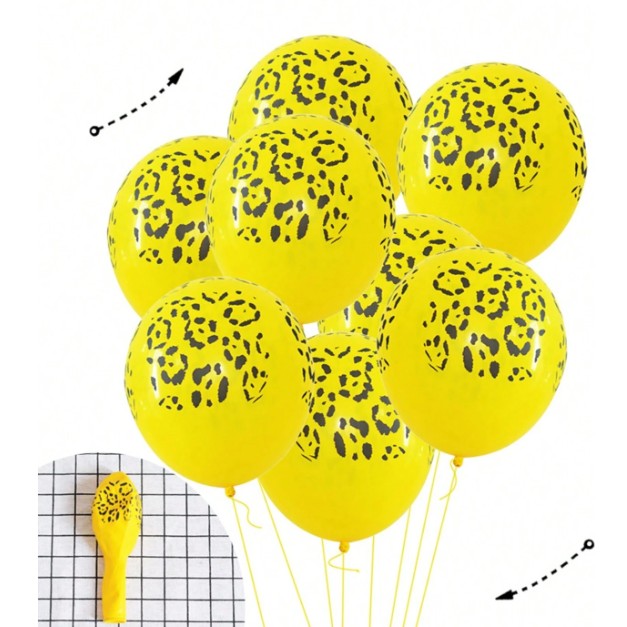Set 10 Baloane din Latex, Model Party Animal Print, 3x Portocaliu, 3x Galben, 4x Alb, 23 cm, 1.4g