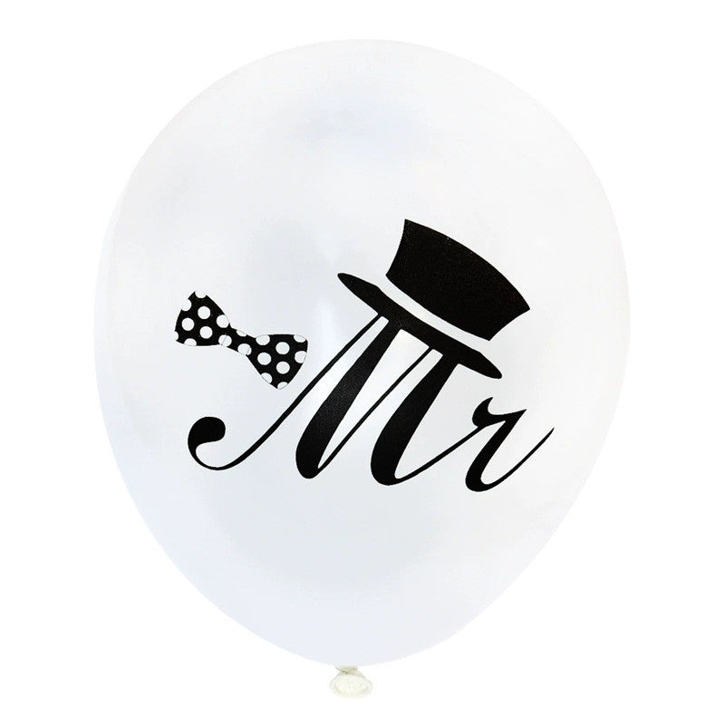 Set 10 Baloane din Latex, Model Party Casatorie, Mr&Mrs Just Married, 2.8 g, 30 cm, Alb/Negru