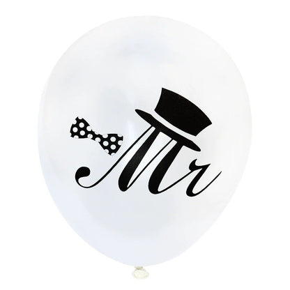 Set 10 Baloane din Latex, Model Party Casatorie, Mr&Mrs Just Married, 2.8 g, 30 cm, Alb/Negru