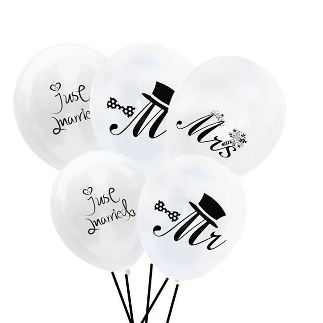 Set 10 Baloane din Latex, Model Party Casatorie, Mr&Mrs Just Married, 2.8 g, 30 cm, Alb/Negru