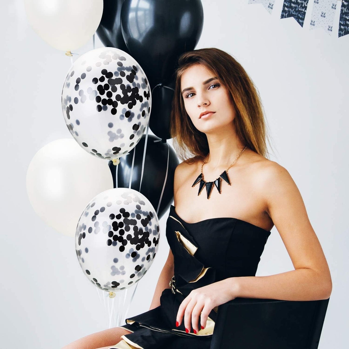 Set 10 Baloane din Latex, Model Party Confetti, 5 x Confetti, 5 x Negru, 25 cm, 2.2g