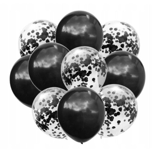 Set 10 Baloane din Latex, Model Party Confetti, 5 x Confetti, 5 x Negru, 25 cm, 2.2g