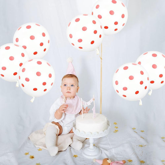 Set 10 Baloane din Latex, Model Party cu Buline, 30 cm, Alb si Rosu, 2.8 g