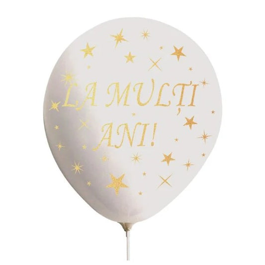 Set 10 Baloane din Latex, Model Party, La Multi Ani, 23 cm, 2.2 g, Alb