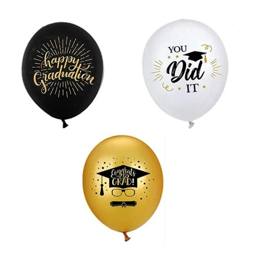 Set 10 Baloane din Latex Metalizate, Model Absolvire, Negru Auriu Alb, 23 cm, 1.4 g