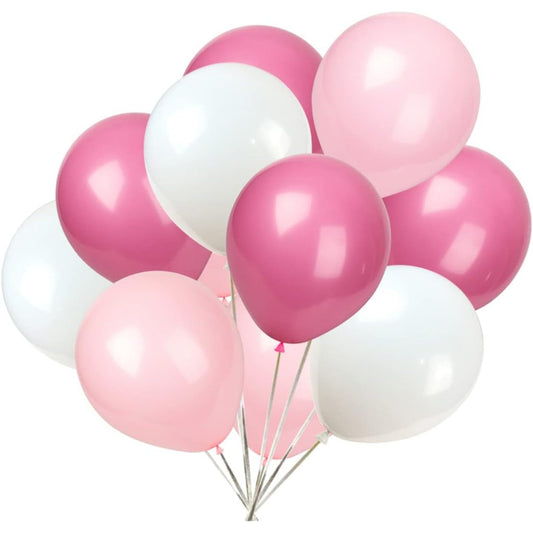 Set 10 Baloane din Latex Metalizate, Model Party, 23 cm, Alb si Roz, 2.2 g