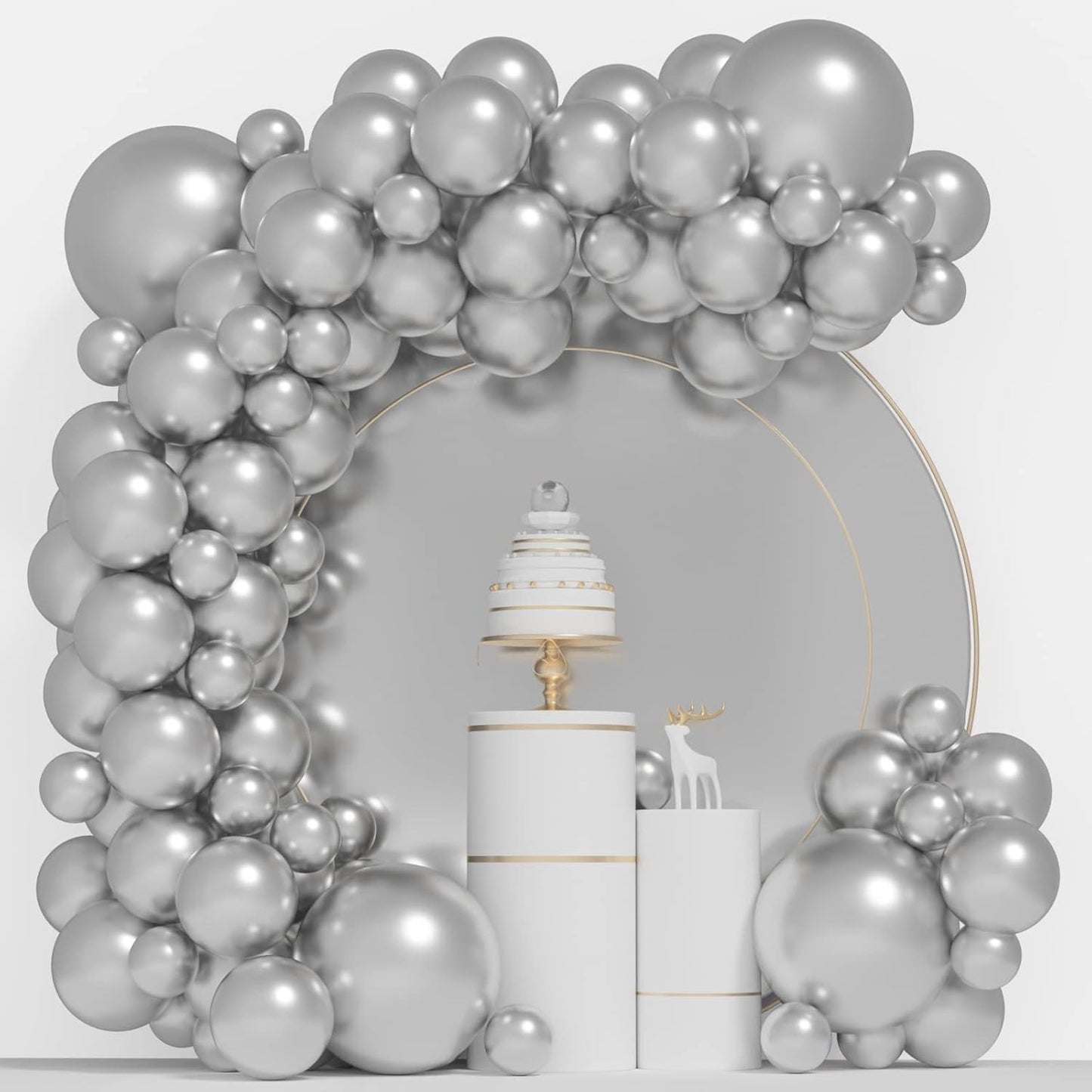 Set 10 Baloane din Latex Metalizate, Model Party, Alb, Argintiu, 23 cm, 2.2 g