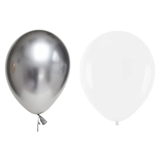 Set 10 Baloane din Latex Metalizate, Model Party, Alb, Argintiu, 23 cm, 2.2 g